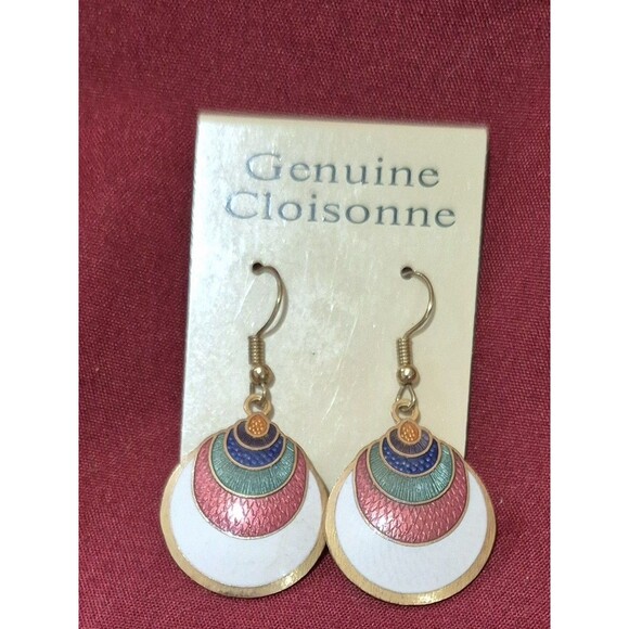 Vintage Cloisonne Earrings Rainbow Circles Enamel Gold Tone Pierced Ear EUC - Picture 1 of 2